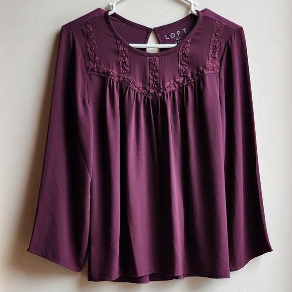 LOFT Deep Purple Lace Front Blouse Size XS Petite - Picture 6 of 15